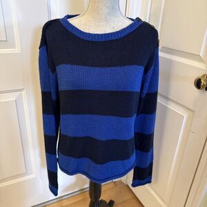 ROYAL BLUE RUGBY STRIPED SWEATER Lauren Ralph Lauren Navy Blue Roll Hem Size XL